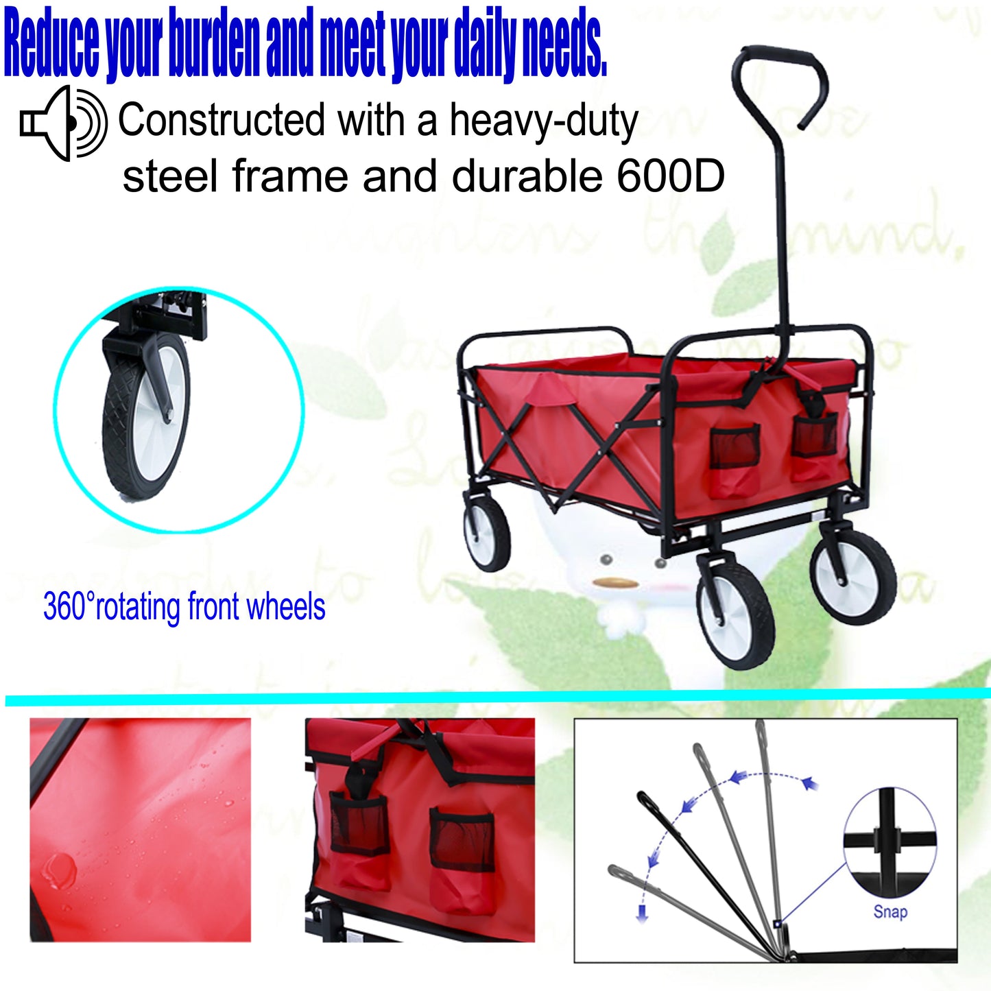Folding Wagon Garden Shopping Beach Cart (Red) - Korvel