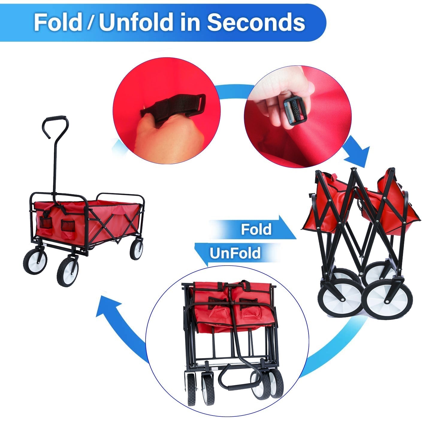 Folding Wagon Garden Shopping Beach Cart (Red) - Korvel