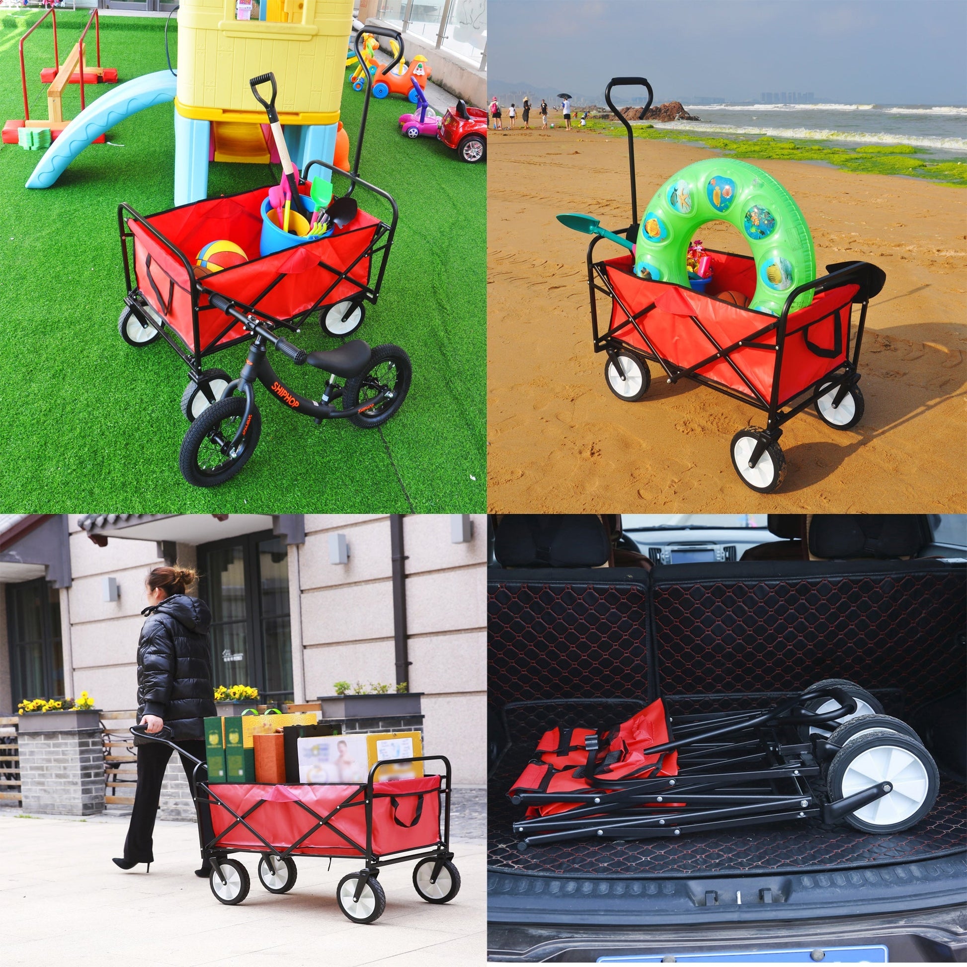 Folding Wagon Garden Shopping Beach Cart (Red) - Korvel