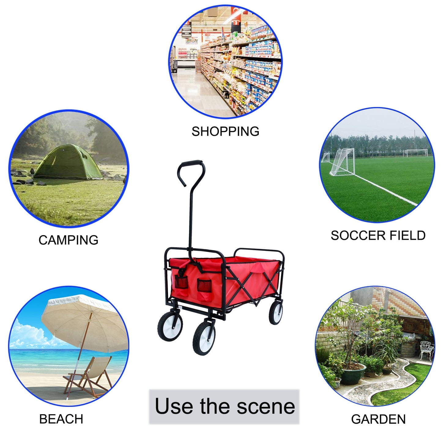 Folding Wagon Garden Shopping Beach Cart (Red) - Korvel