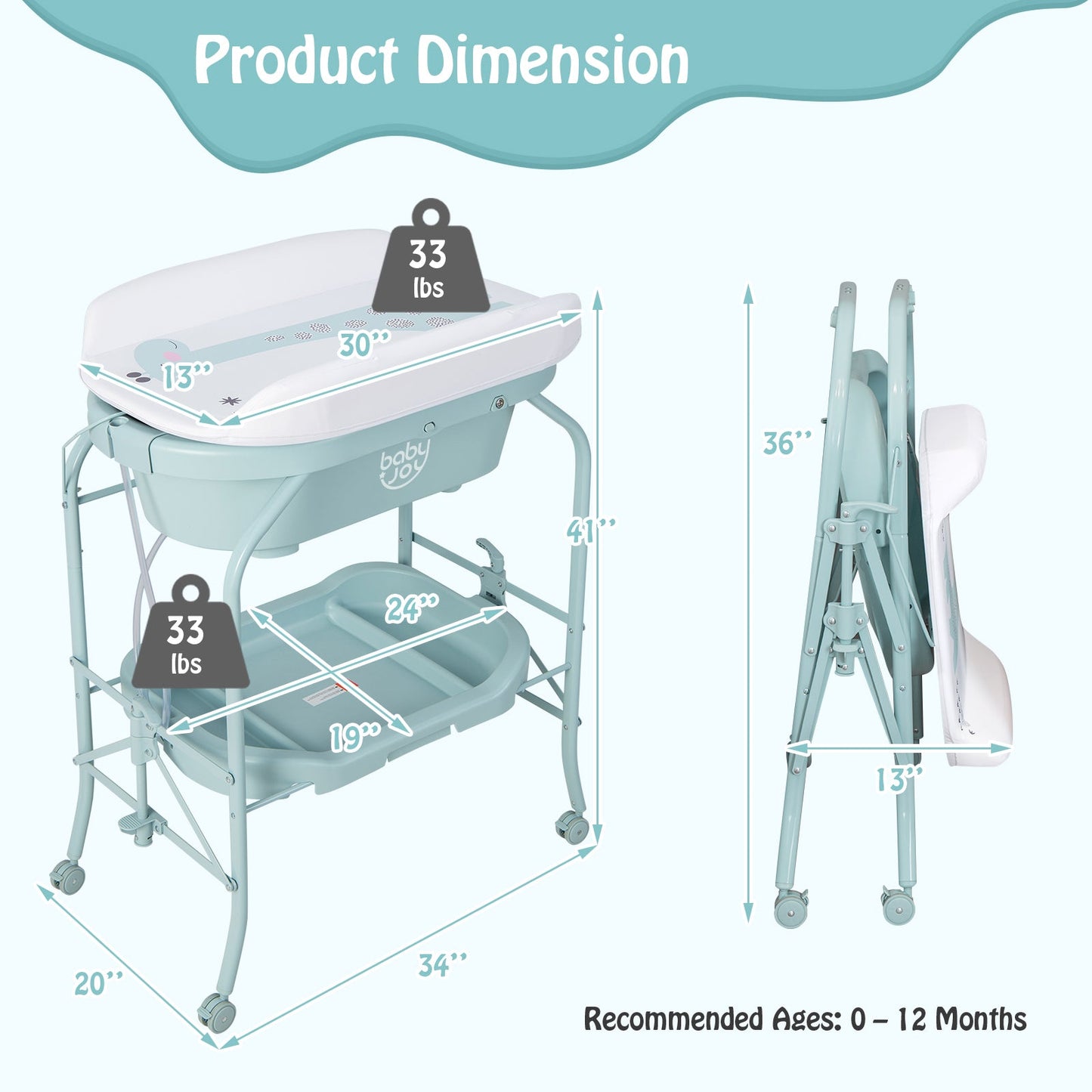 Folding Baby Changing Table with Bathtub - Blue