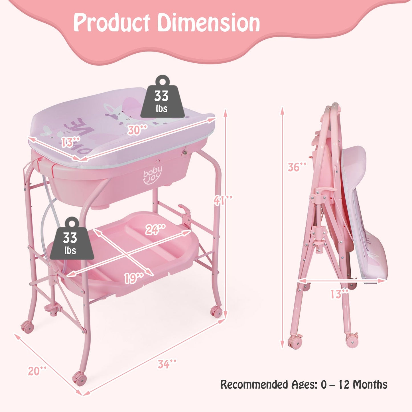 Table à langer pliable avec baignoire - Rose