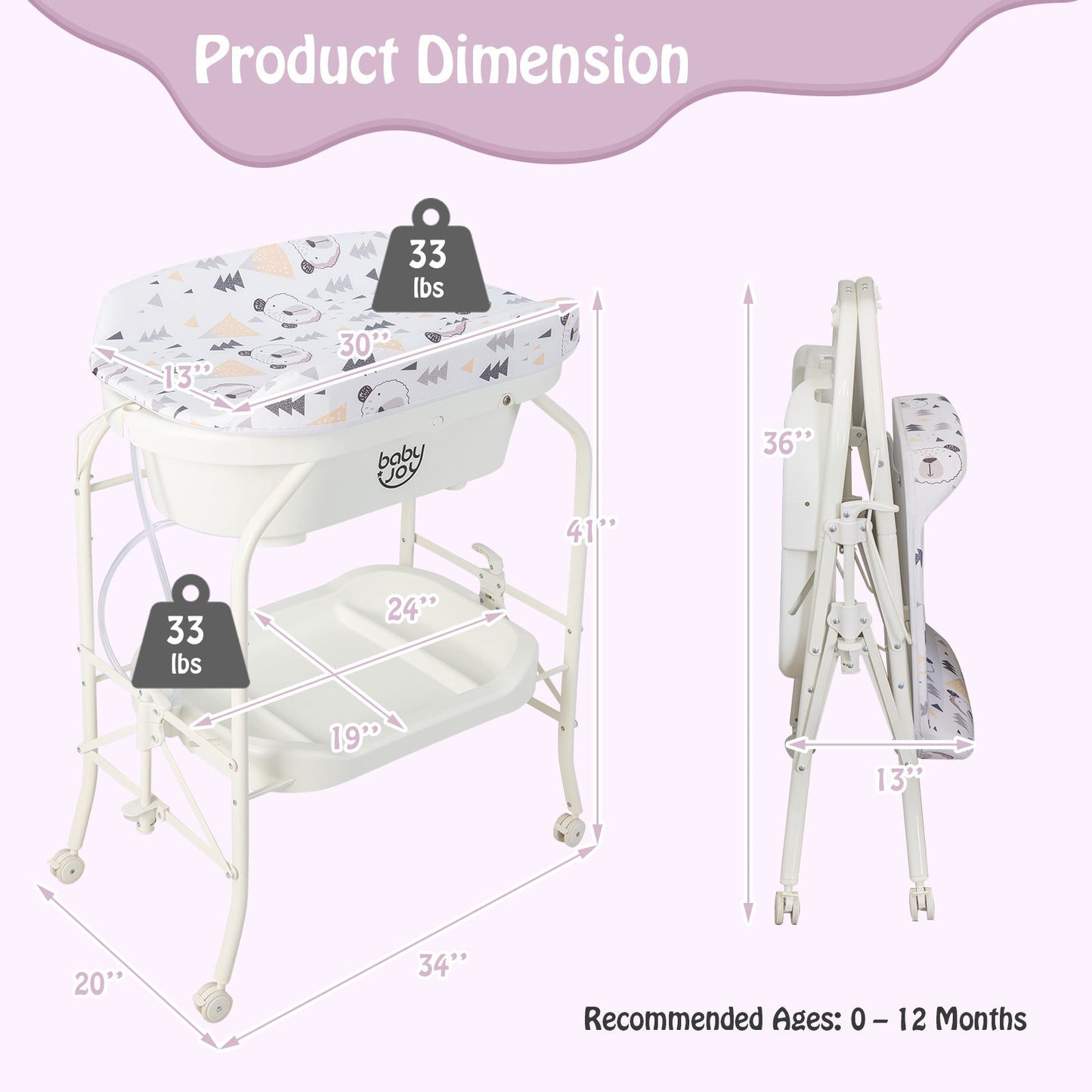 Table à langer pliable avec baignoire et roues - Blanc
