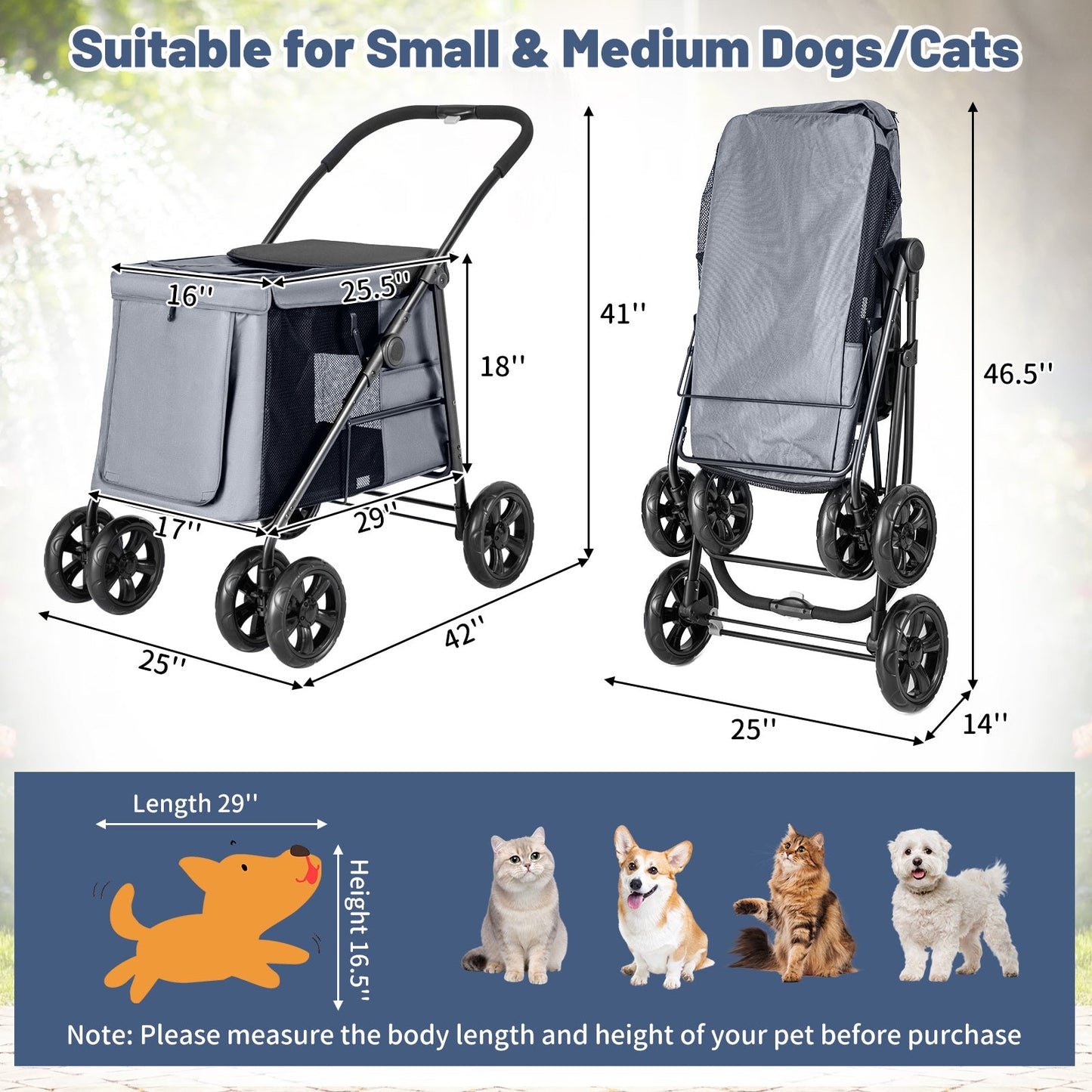 Folding Pet Stroller for Small & Medium Pets - Gray