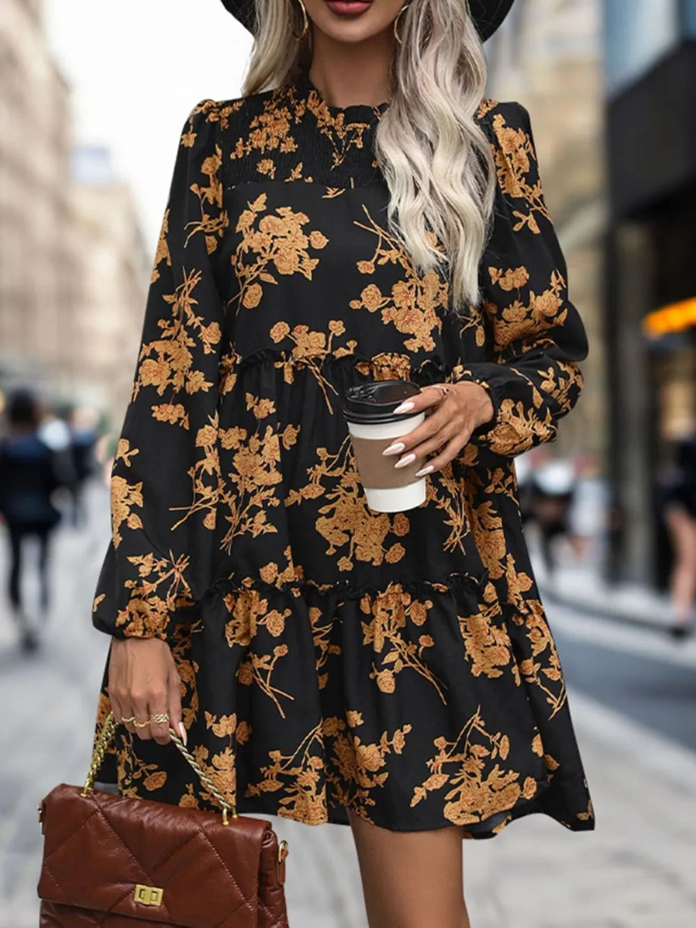 Frill Printed Long Sleeve Mini Dress - Korvel