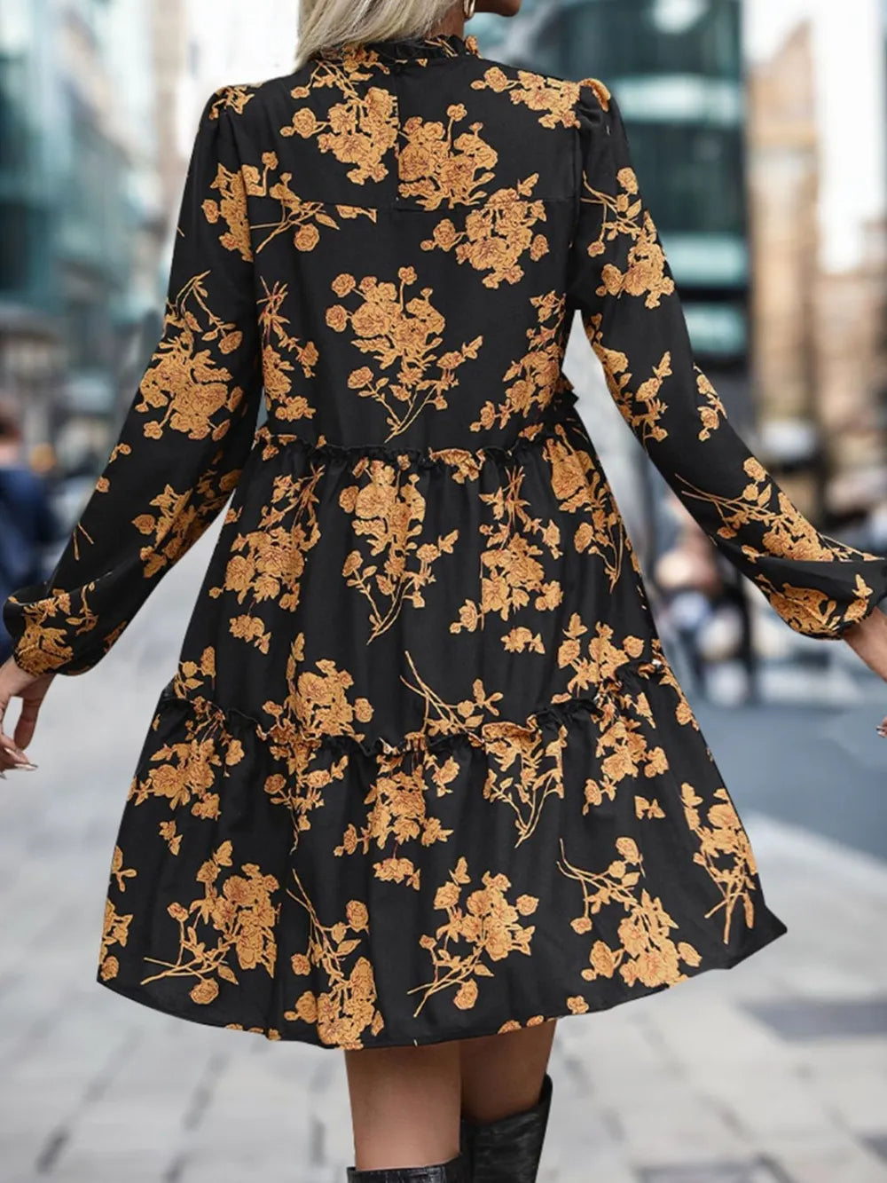 Frill Printed Long Sleeve Mini Dress - Korvel