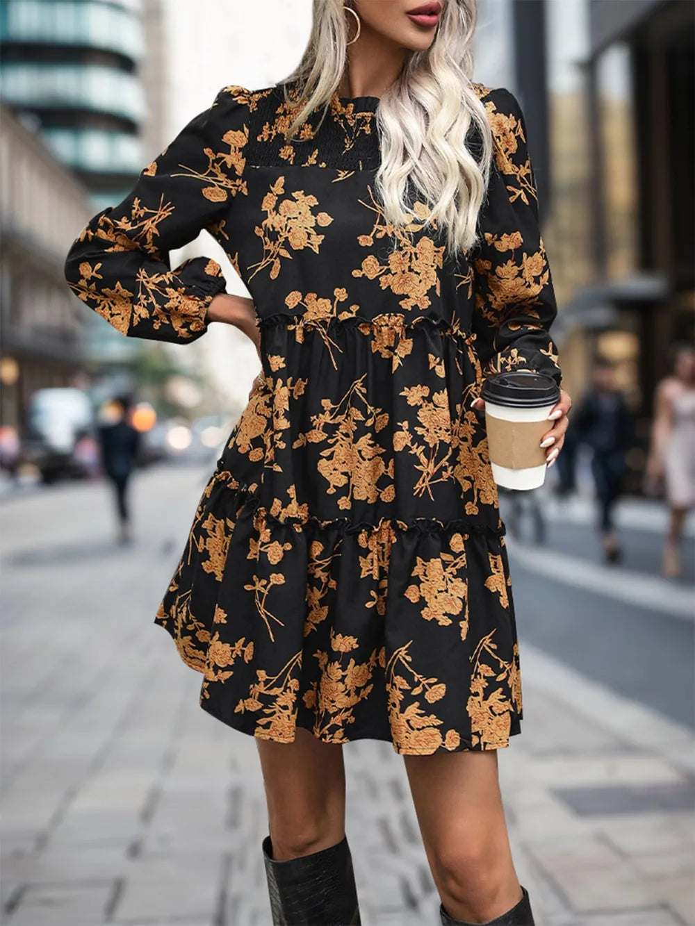 Frill Printed Long Sleeve Mini Dress - Korvel
