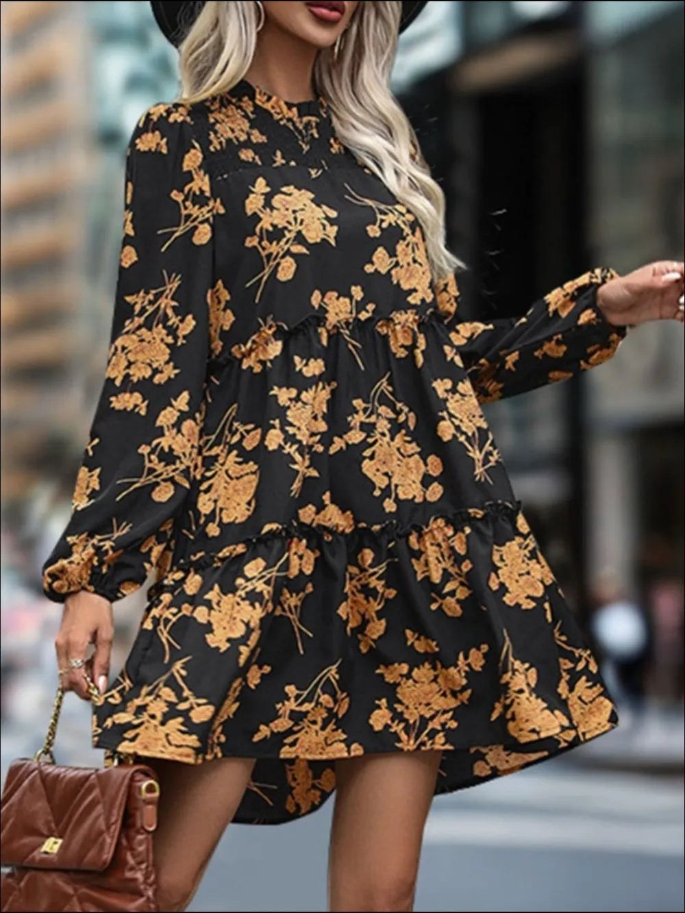 Frill Printed Long Sleeve Mini Dress - Korvel