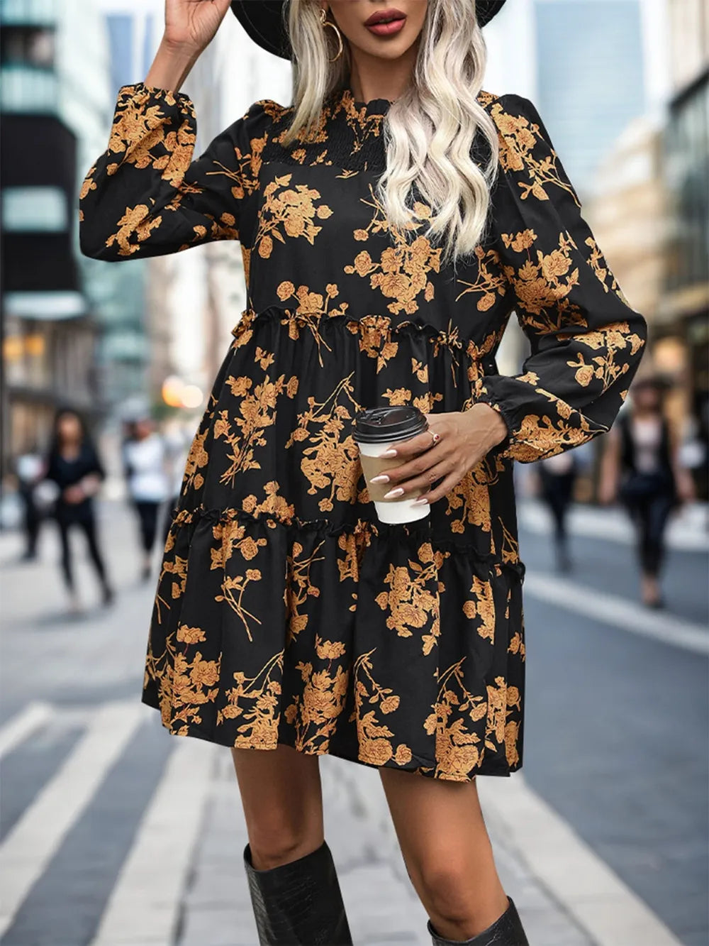 Frill Printed Long Sleeve Mini Dress - Korvel