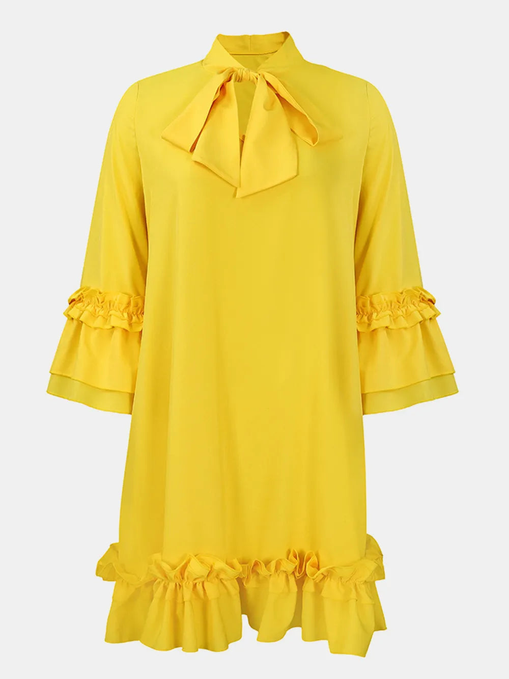 Frill Tie Neck Three-Quarter Sleeve Dress - Korvel