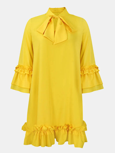 Frill Tie Neck Three-Quarter Sleeve Dress - Korvel