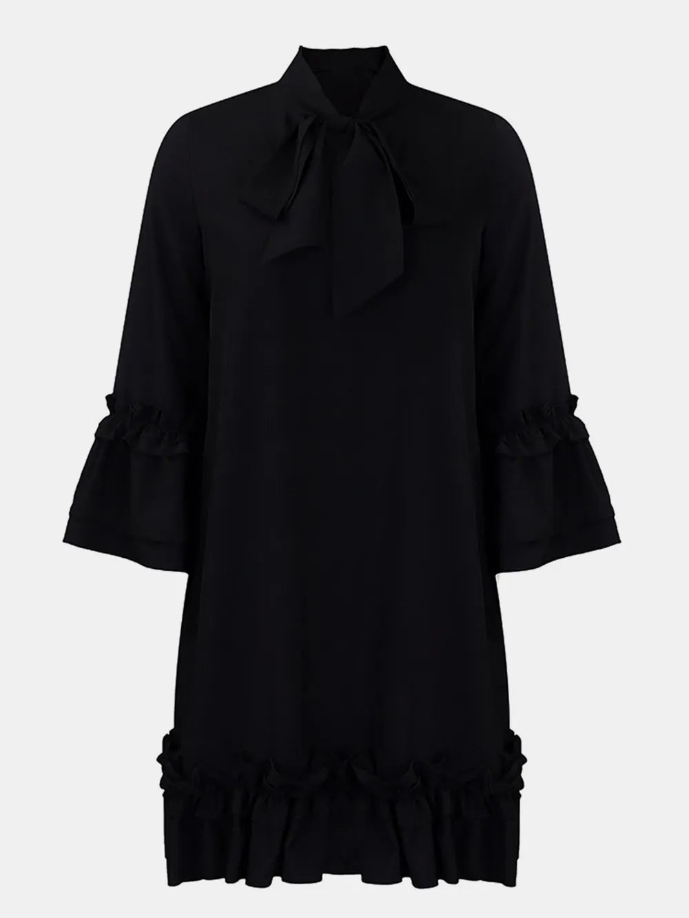 Frill Tie Neck Three-Quarter Sleeve Dress - Korvel