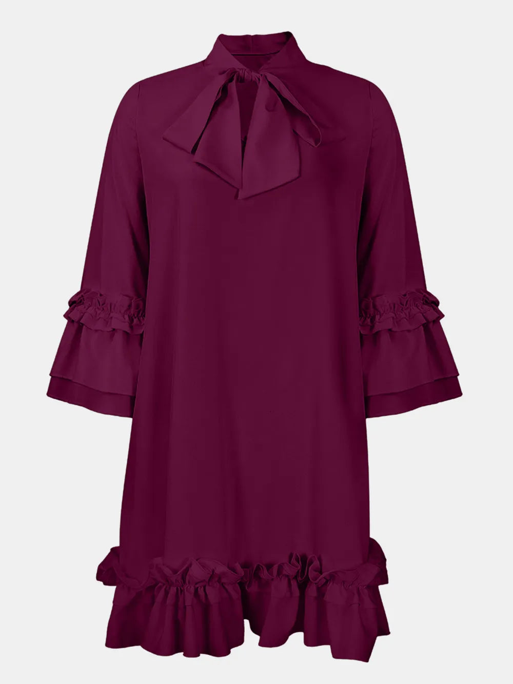 Frill Tie Neck Three-Quarter Sleeve Dress - Korvel