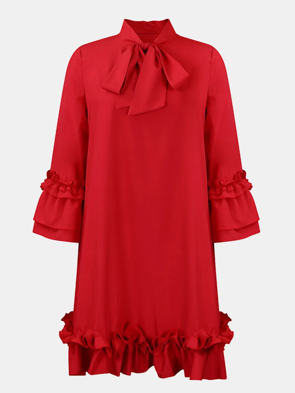 Frill Tie Neck Three-Quarter Sleeve Dress - Korvel
