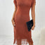Fringe Openwork Boat Neck Knit Dress - Korvel