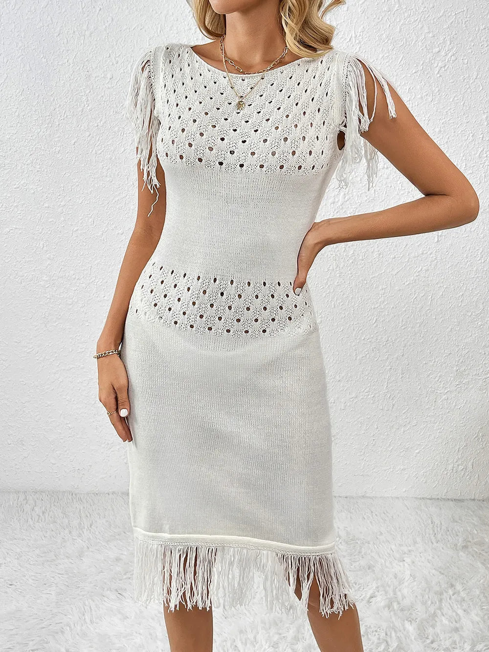 Fringe Openwork Boat Neck Knit Dress - Korvel