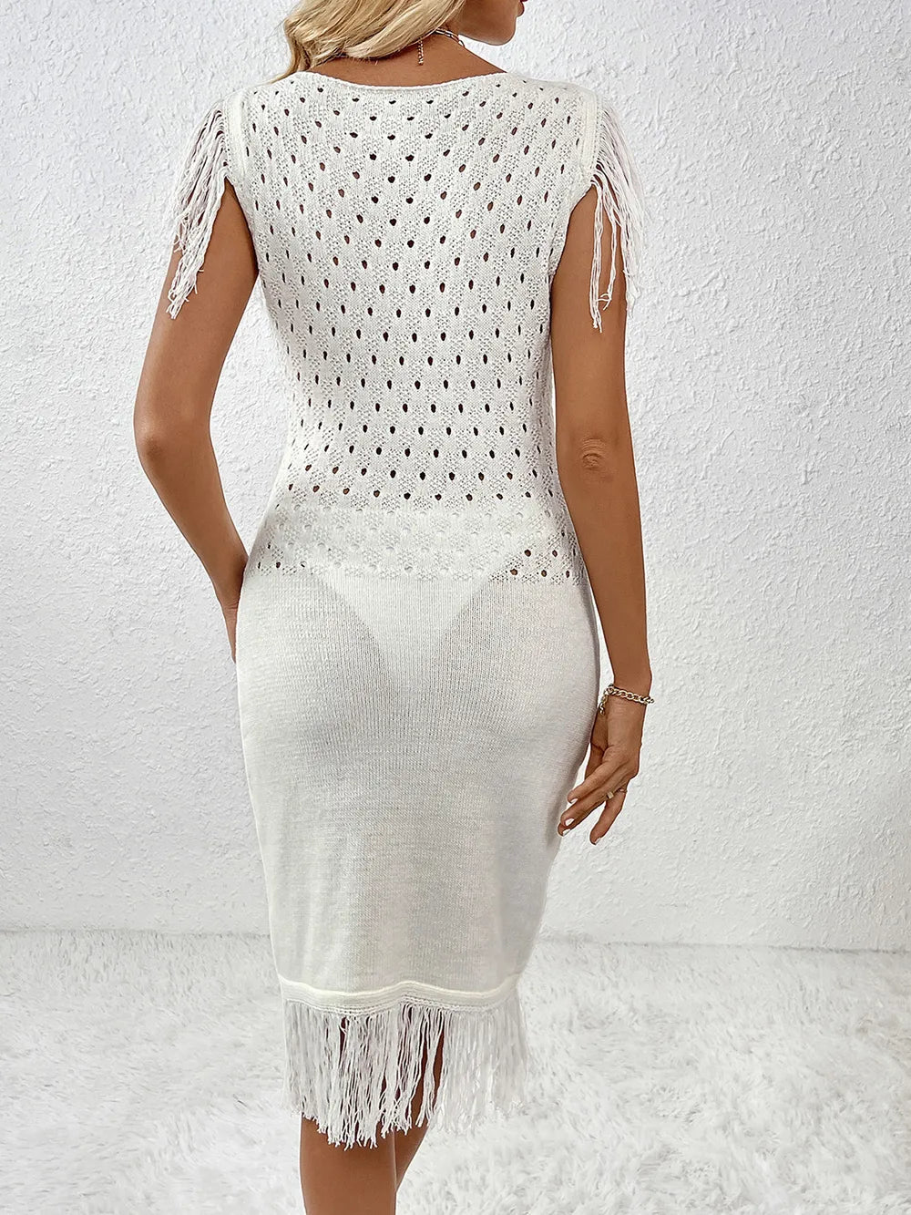 Fringe Openwork Boat Neck Knit Dress - Korvel