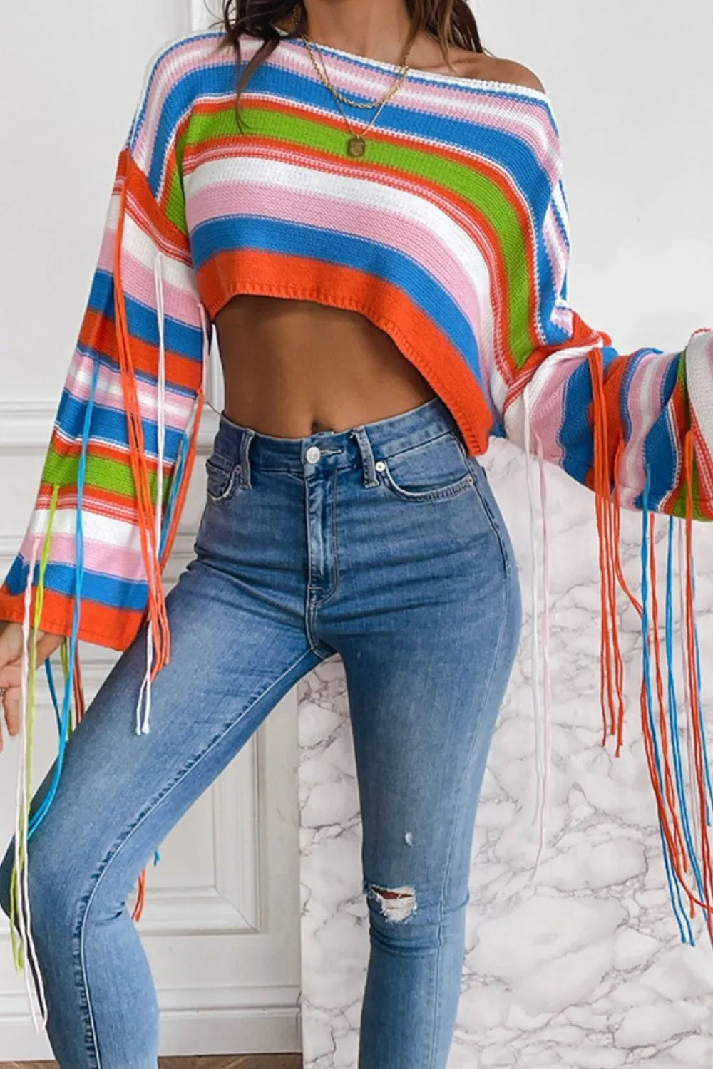 Fringe Striped Round Neck Knit Top - Korvel