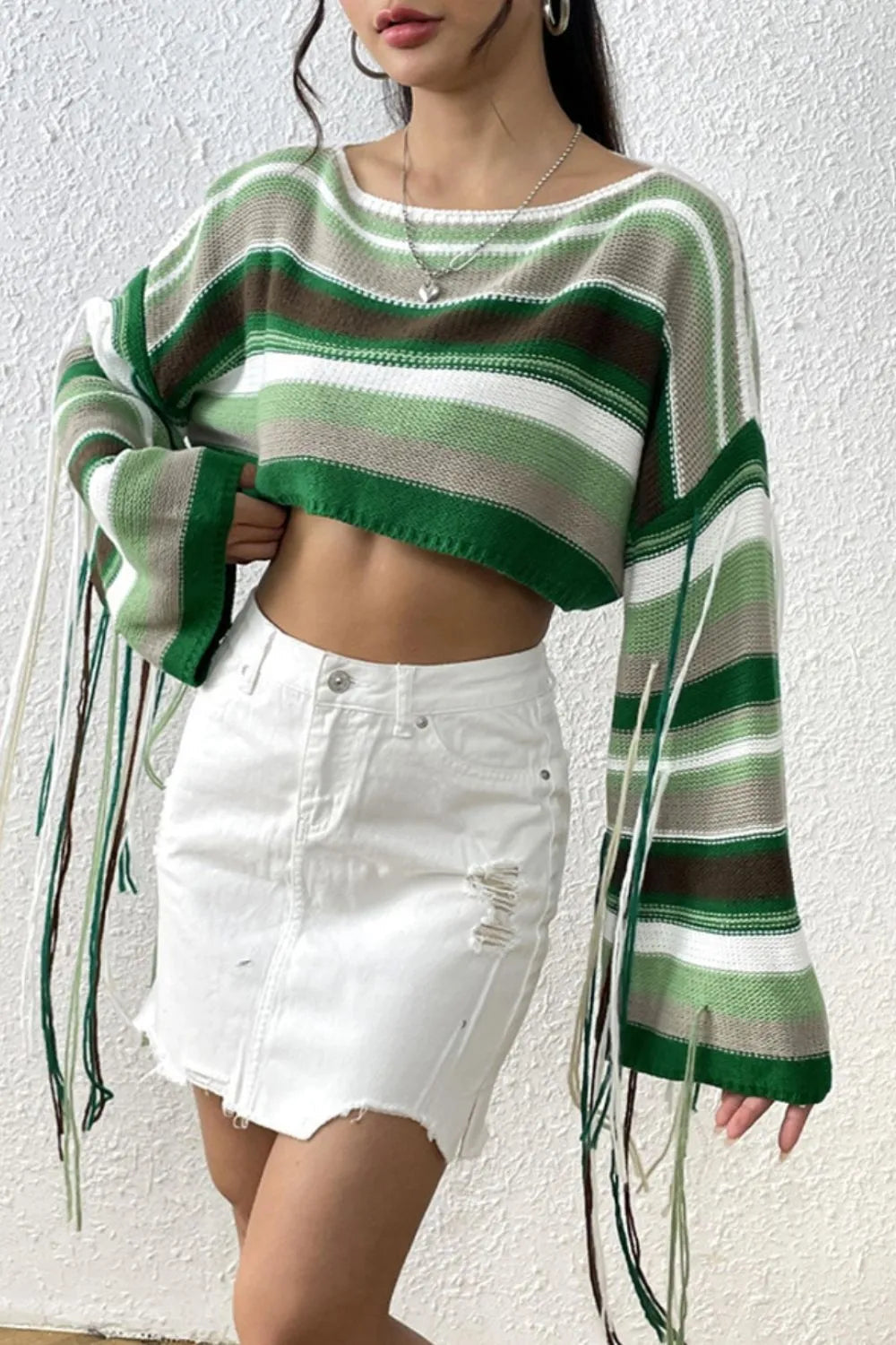 Fringe Striped Round Neck Knit Top - Korvel