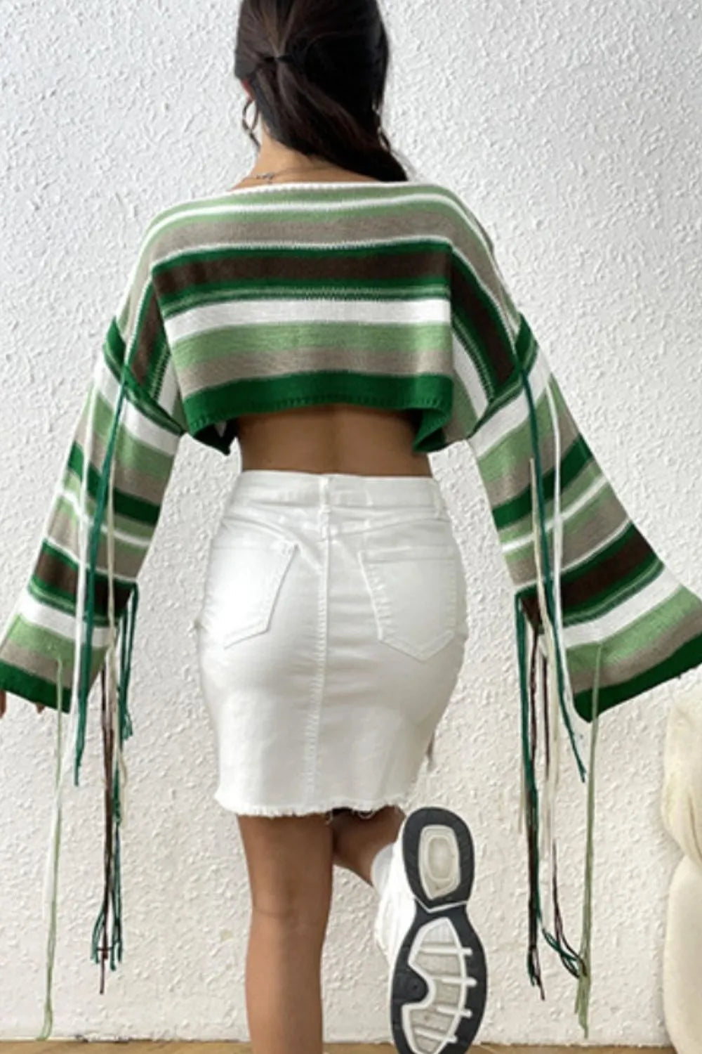 Fringe Striped Round Neck Knit Top - Korvel