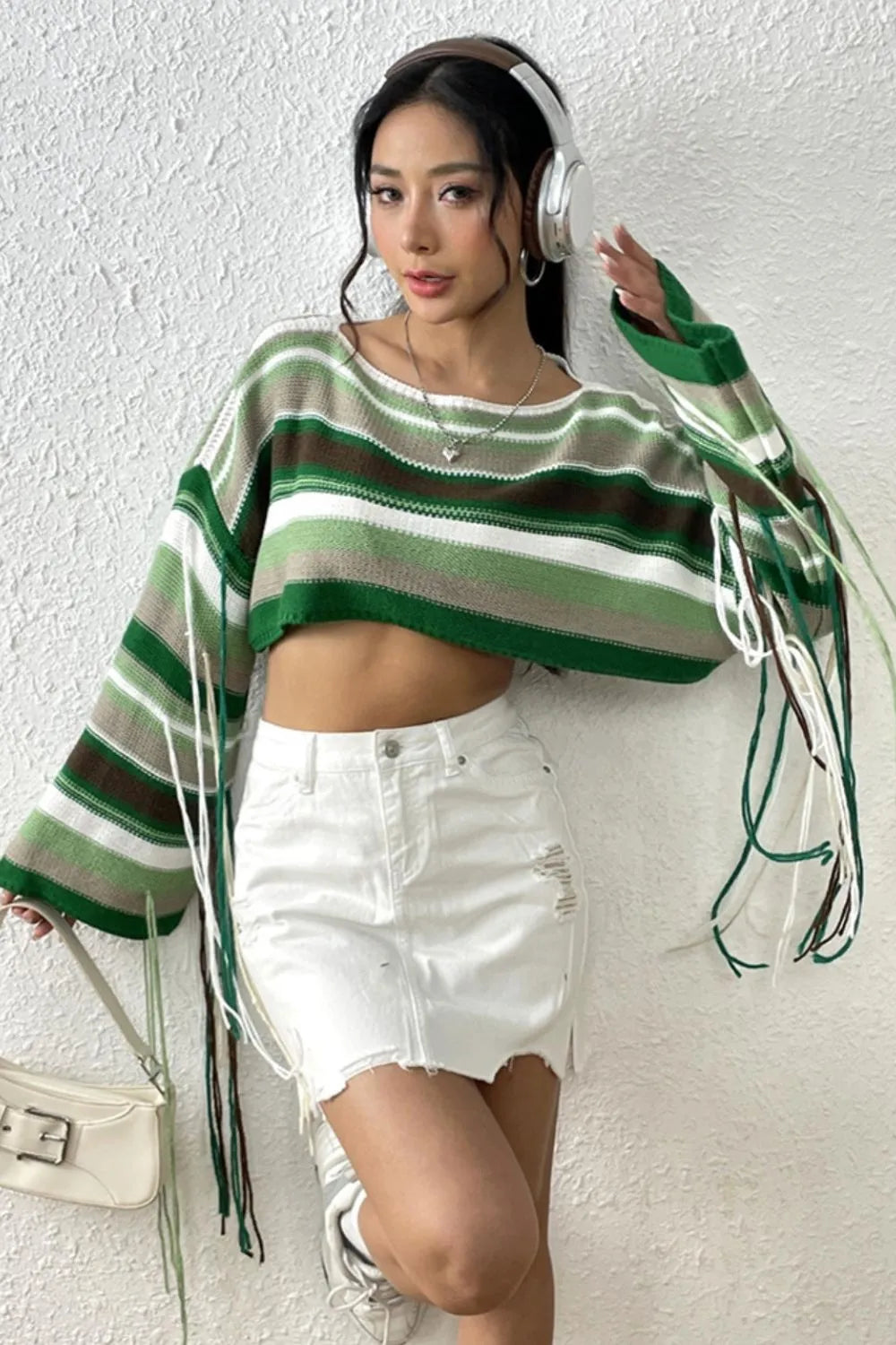 Fringe Striped Round Neck Knit Top - Korvel