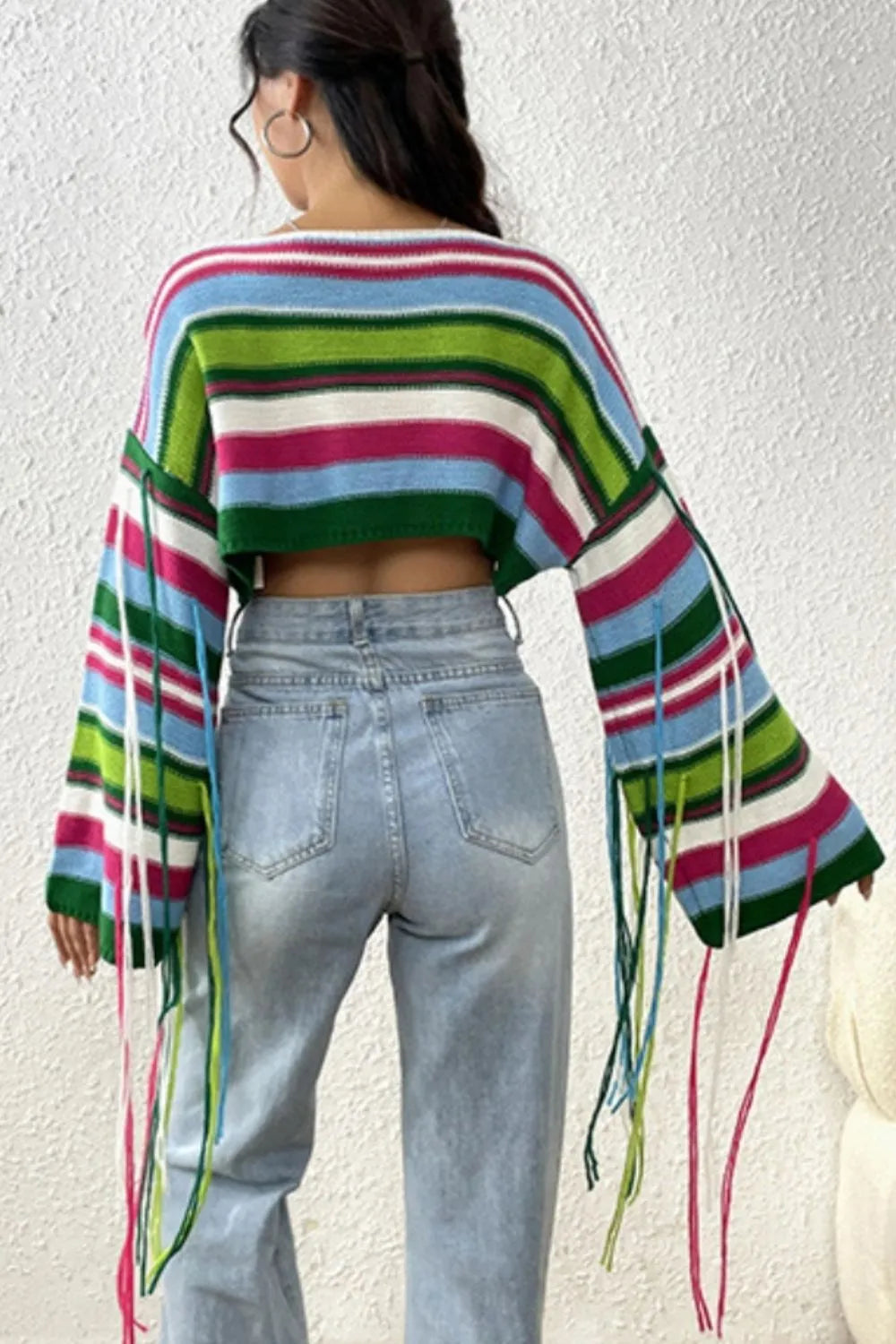 Fringe Striped Round Neck Knit Top - Korvel