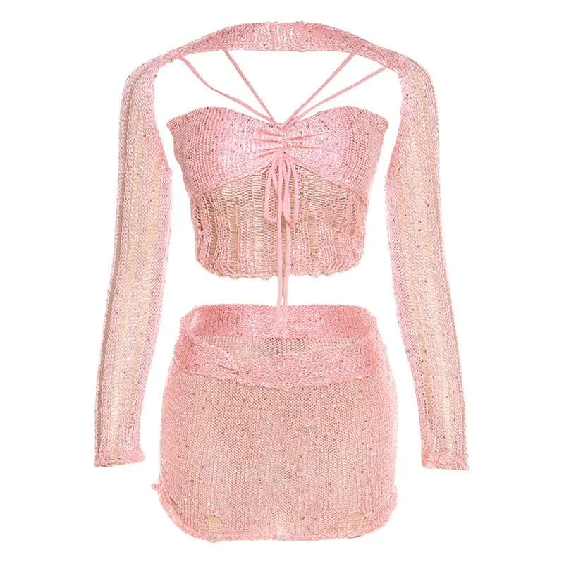 Conjunto de Falda Mini de Crochet Desgastado Dulce Como el Azúcar