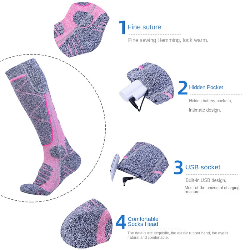 Full Foot Heat Socks Winter USB Charging Warm Heat Socks Pink Skiing Electric Heat Socks - Korvel