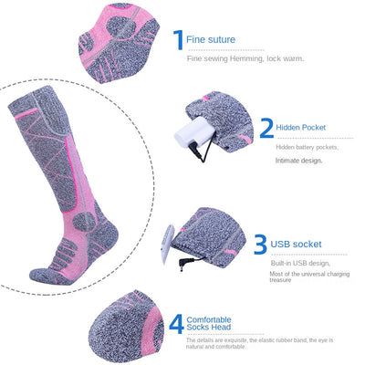 Full Foot Heat Socks Winter USB Charging Warm Heat Socks Pink Skiing Electric Heat Socks - Korvel