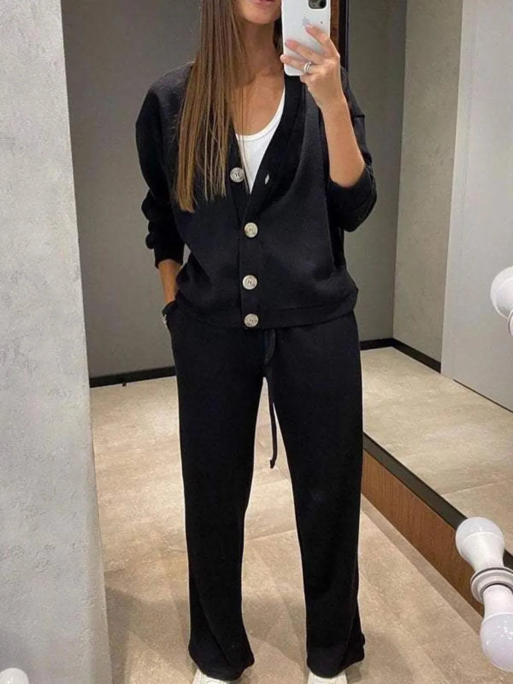 Ensemble haut à manches longues boutonné et pantalon grande taille