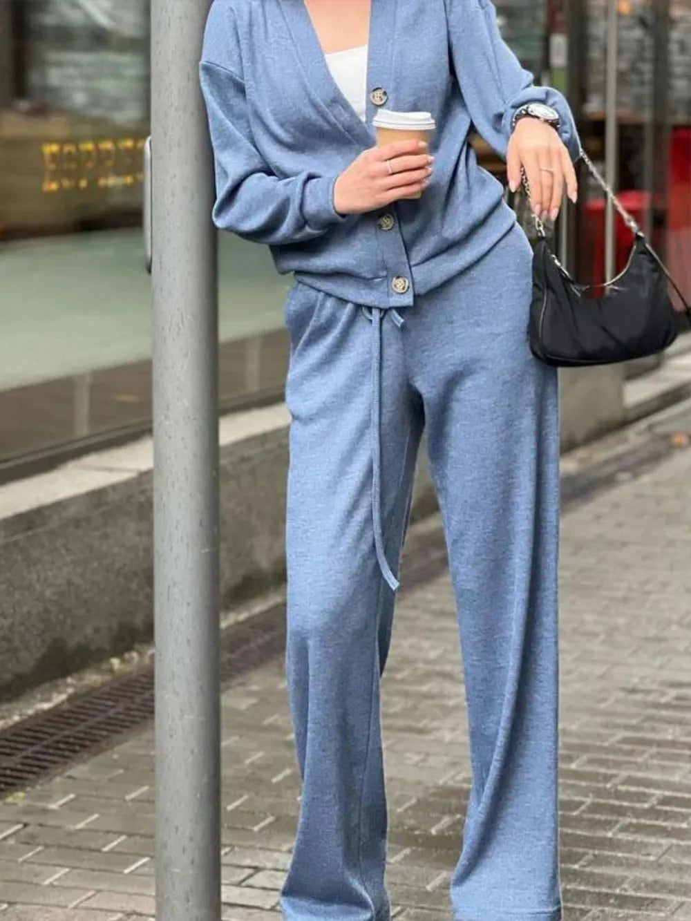 Ensemble haut à manches longues boutonné et pantalon grande taille