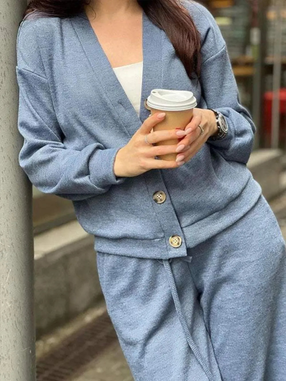 Ensemble haut à manches longues boutonné et pantalon grande taille