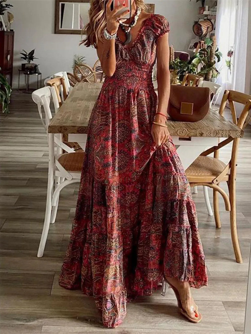 Full Size Smocked Printed V-Neck Short Sleeve Dress - Korvel
