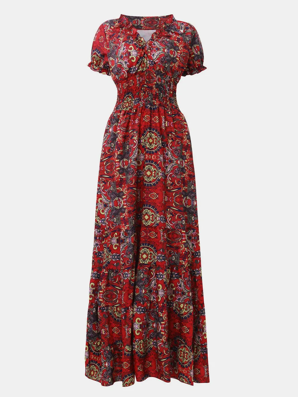 Full Size Smocked Printed V-Neck Short Sleeve Dress - Korvel
