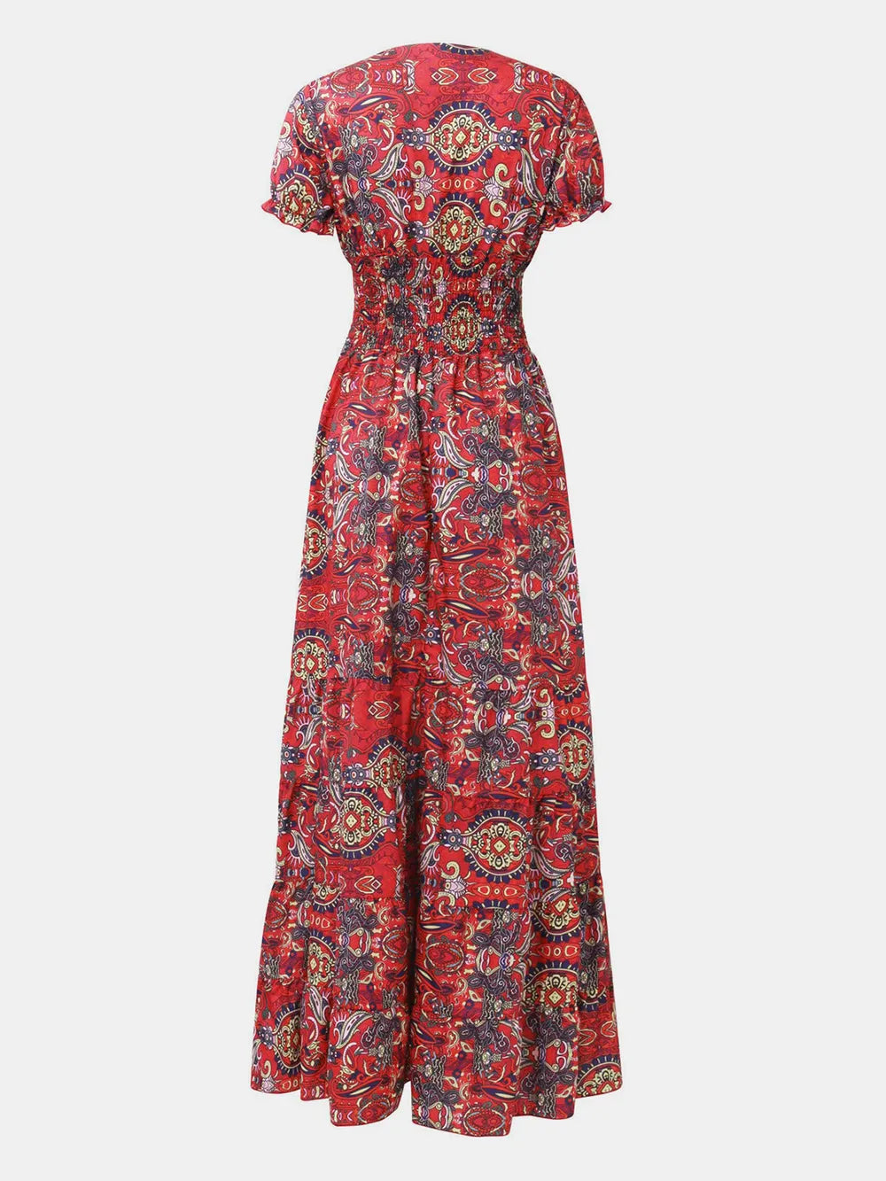Full Size Smocked Printed V-Neck Short Sleeve Dress - Korvel
