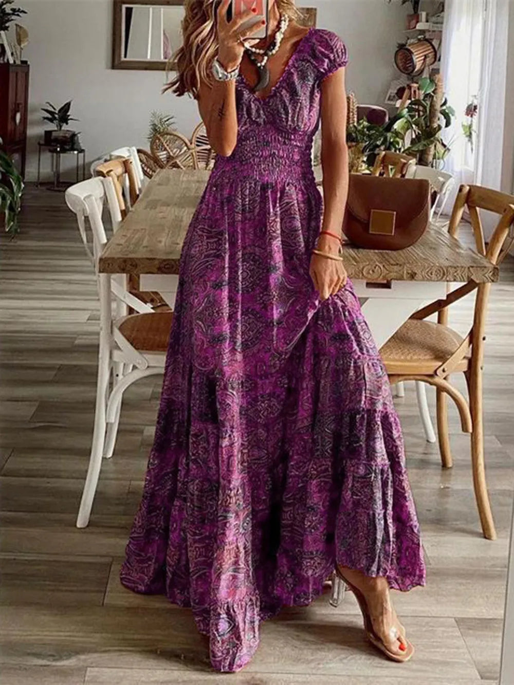 Full Size Smocked Printed V-Neck Short Sleeve Dress - Korvel