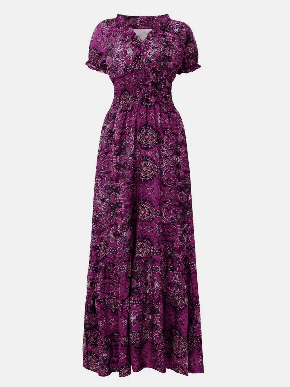 Full Size Smocked Printed V-Neck Short Sleeve Dress - Korvel