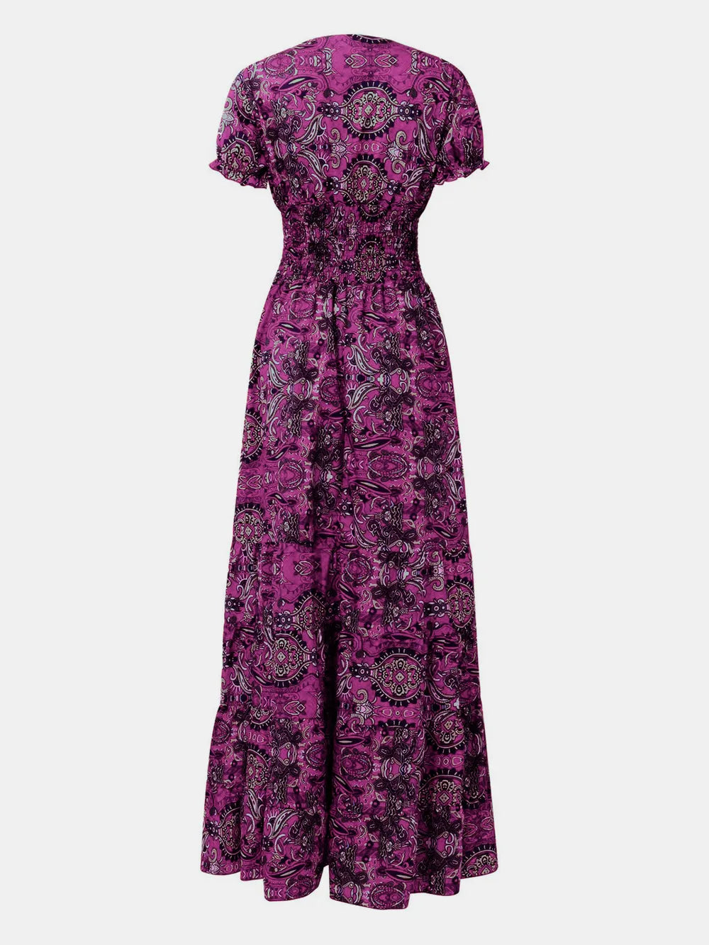 Full Size Smocked Printed V-Neck Short Sleeve Dress - Korvel