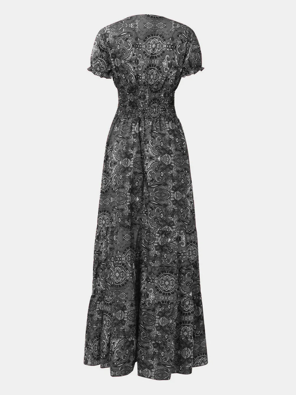 Full Size Smocked Printed V-Neck Short Sleeve Dress - Korvel