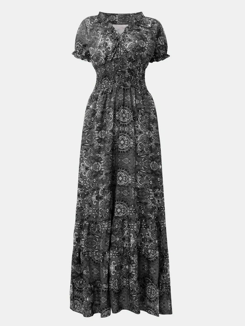 Full Size Smocked Printed V-Neck Short Sleeve Dress - Korvel