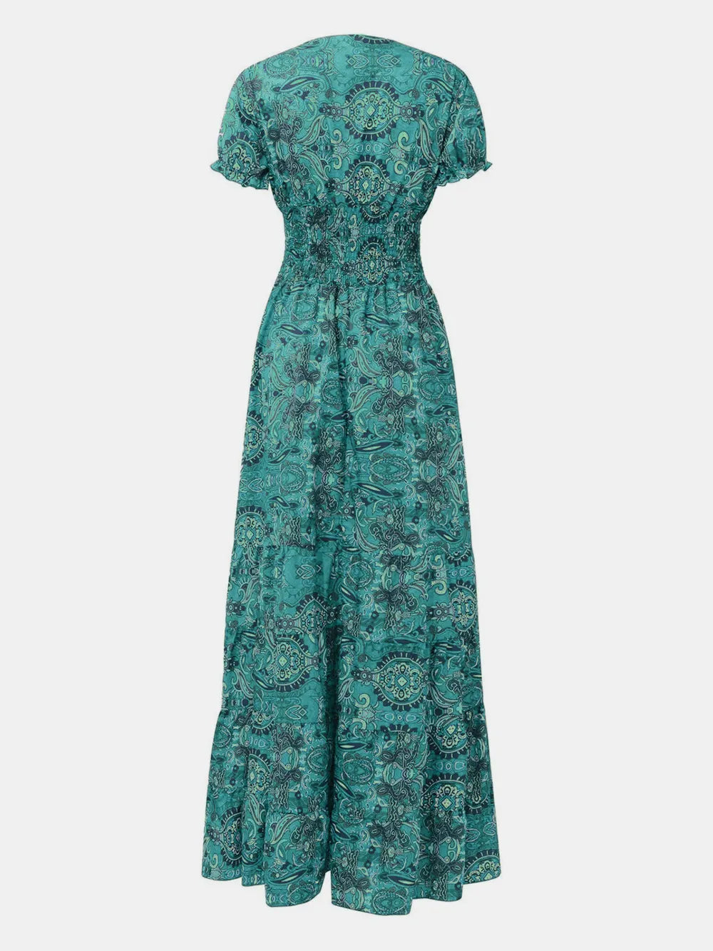 Full Size Smocked Printed V-Neck Short Sleeve Dress - Korvel