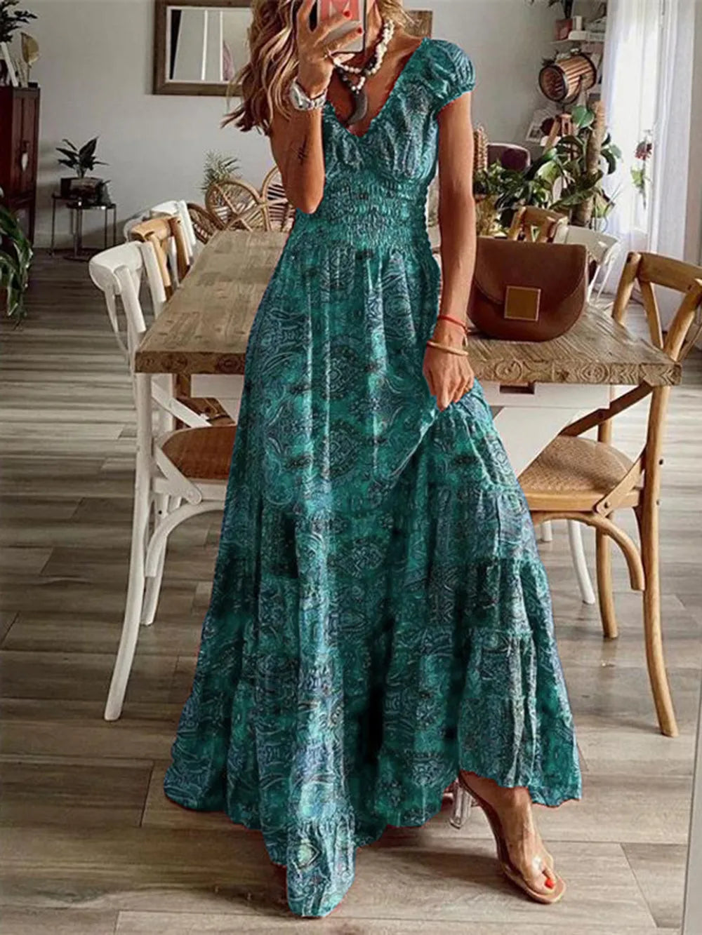 Full Size Smocked Printed V-Neck Short Sleeve Dress - Korvel