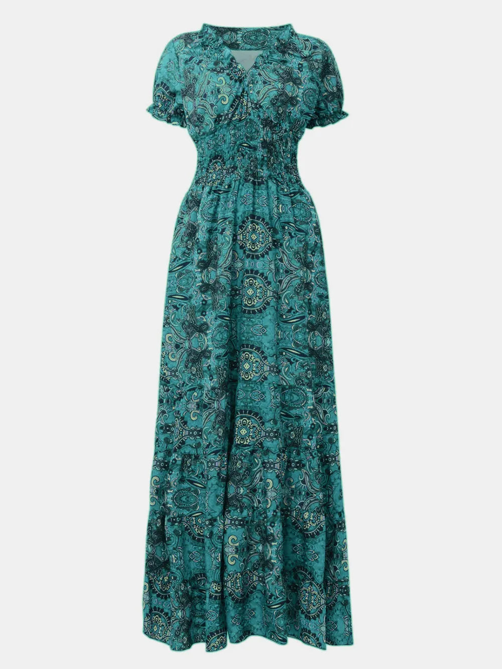Full Size Smocked Printed V-Neck Short Sleeve Dress - Korvel