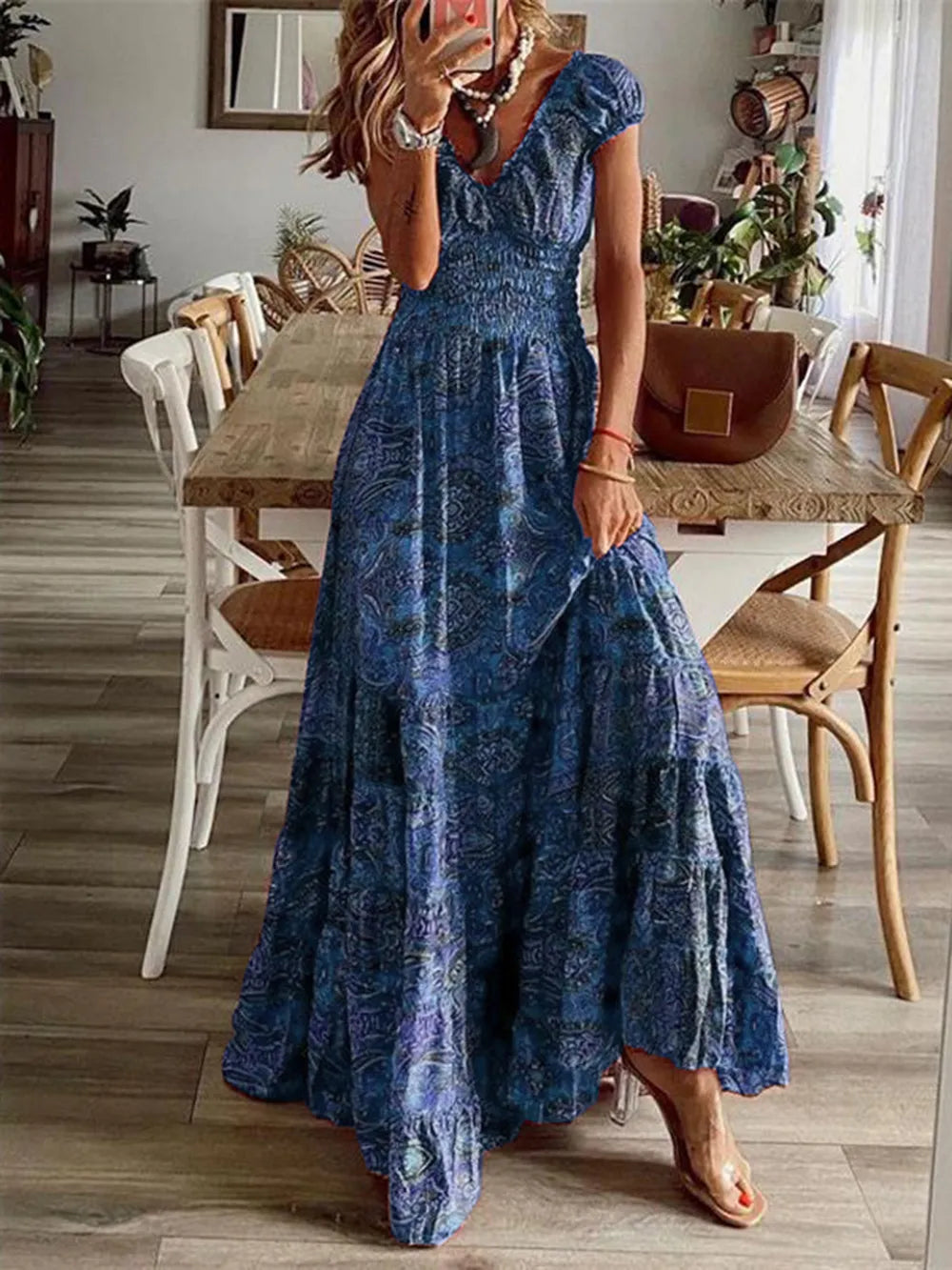 Full Size Smocked Printed V-Neck Short Sleeve Dress - Korvel