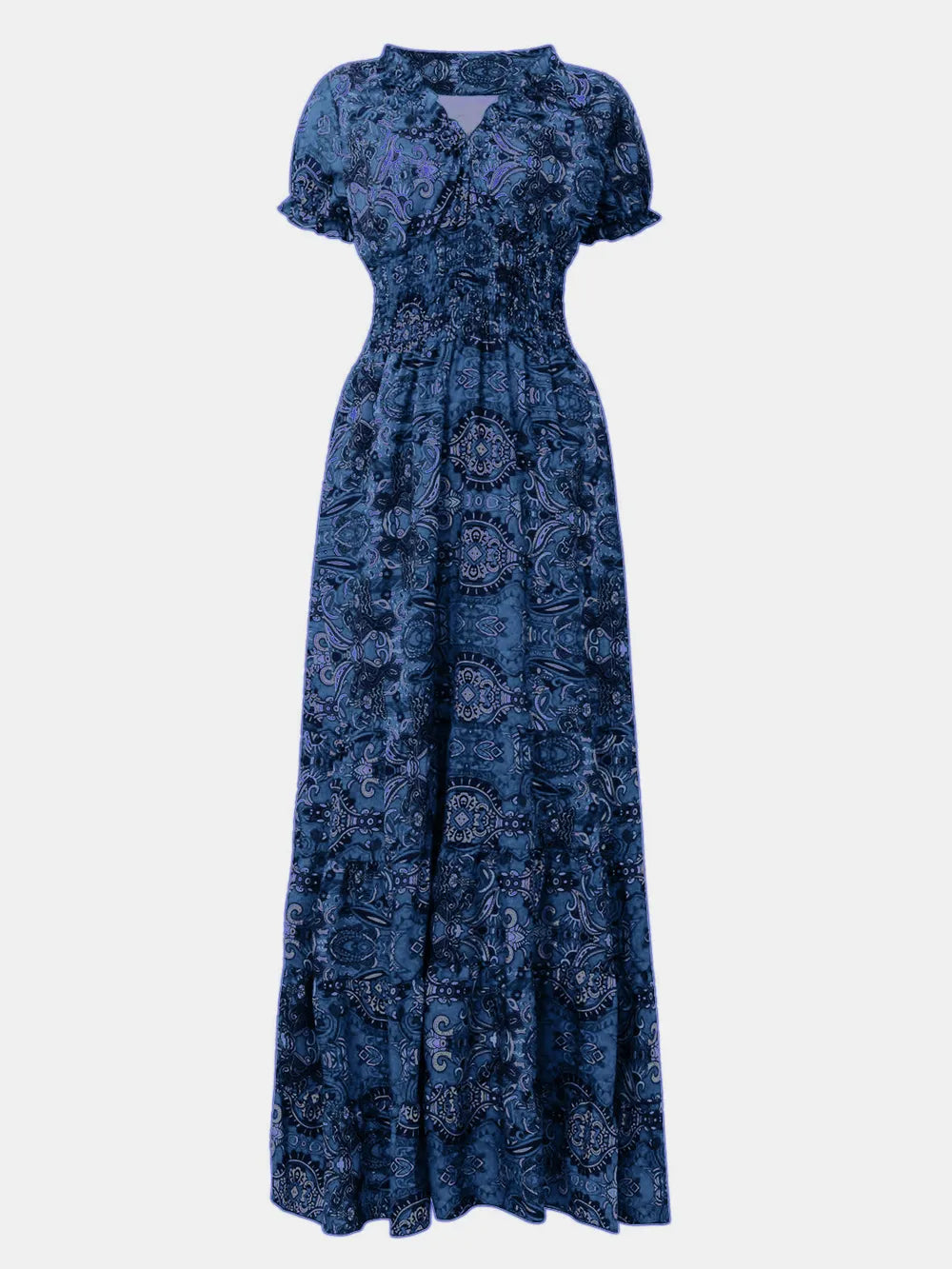 Full Size Smocked Printed V-Neck Short Sleeve Dress - Korvel