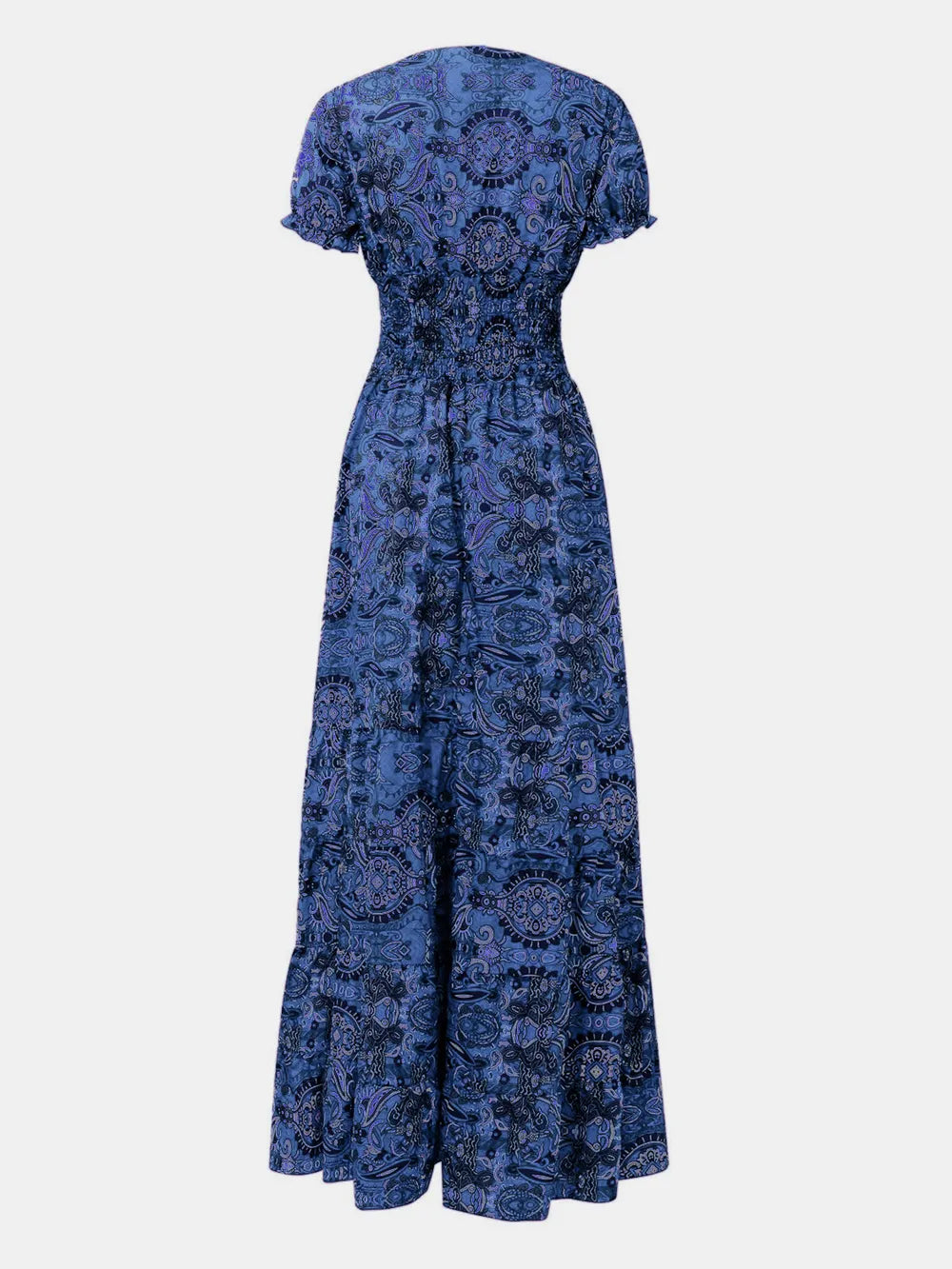 Full Size Smocked Printed V-Neck Short Sleeve Dress - Korvel