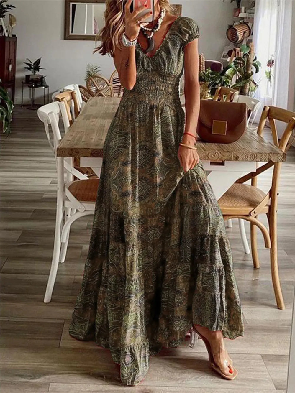 Full Size Smocked Printed V-Neck Short Sleeve Dress - Korvel