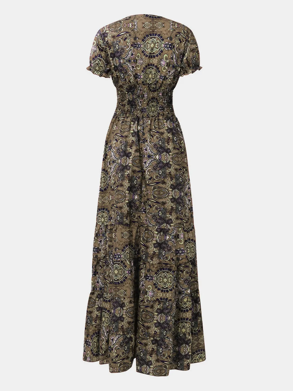 Full Size Smocked Printed V-Neck Short Sleeve Dress - Korvel