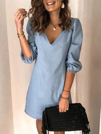 Robe midi élégante à col en V et manches mi-longues