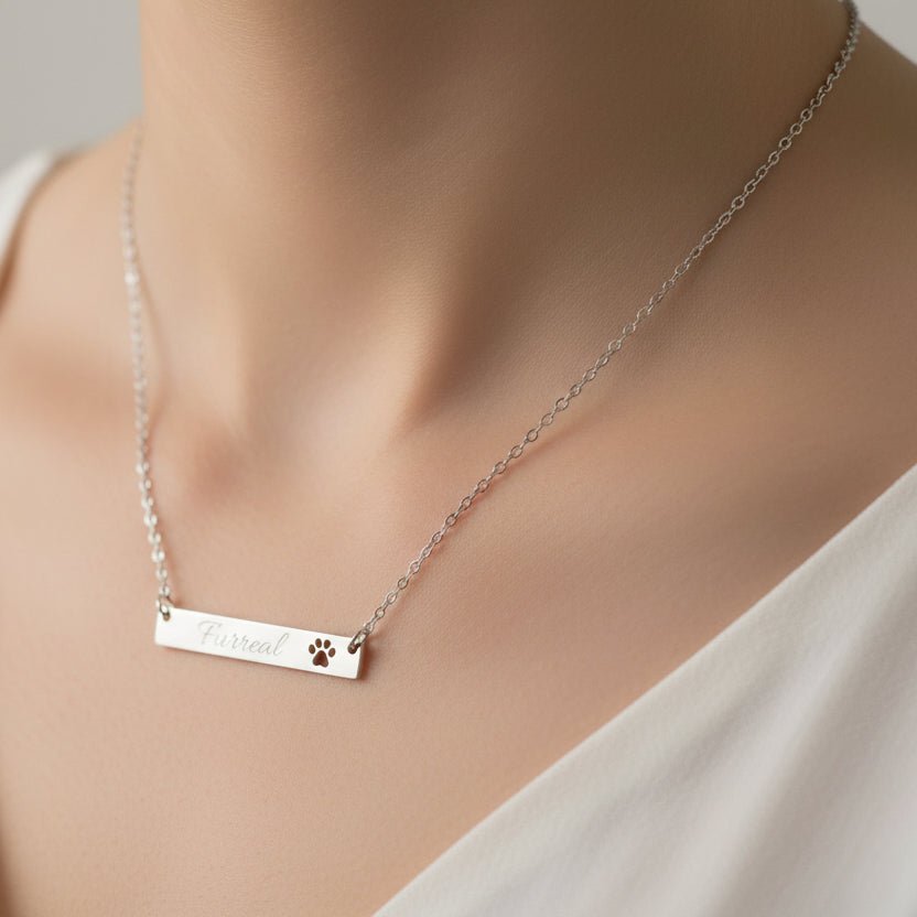 Furreal Engraved Bar Necklace with Paw Detail